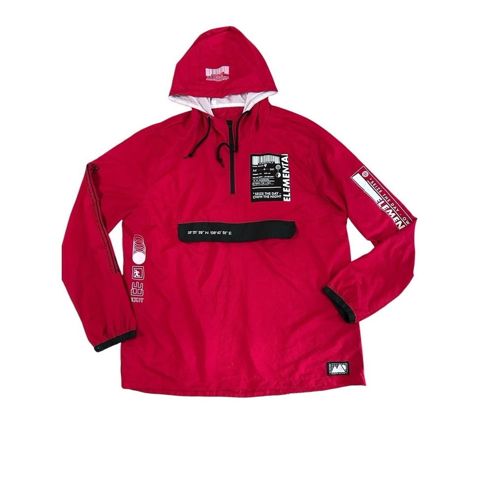 Brooklyn Cloth Elemental Windbreaker Men XL Red Graphic Anorak 1/4 Zip Jacket